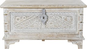 Cufăr sculptat din lemn de mango, alb, cu colțare din alamă și zăvor din metal, finisaj patinat, 45 x 88 x 40 cm, „Langeais”