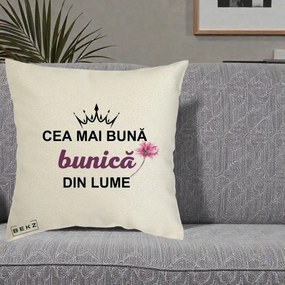 Cadou pentru Bunica - Perna Personalizata Cea Mai Buna Bunica Din Lume Coroana Mov Floare Roz, 40x40 cm, Ecru, Husa Detasabila, Perna Inclusa, BEKZ®
