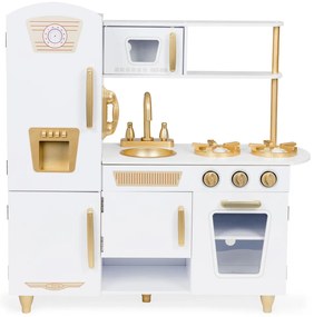 Bucătărie din lemn pentru copii în alb și auriu