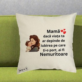 Cadou pentru Mama - Perna Personalizata Mama Nemuritoare cu Bebelus Lineart, 40x40 cm, Ecru, Husa Detasabila, Perna Inclusa, BEKZ®