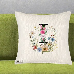 Cadou Personalizat - Perna Personalizata Monogram Litera I cu Flori Acuarela, 40x40 cm, Crem Reliefat, Husa Detasabila, Perna Inclusa, BEKZ®