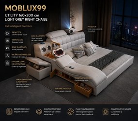 MOBLUX99 Utility 160x200 cm Light Grey Right Chaise – Pat Inteligent Premium cu Proiector, Vibromasaj, Boxe Bluetooth, Încărcare Wireless și Spații Multiple de Depozitare