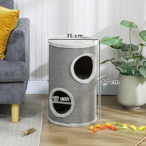 PawHut Cilindru de zgâriat, înălțime 60 cm Ø 35 cm, model cu două nivele și 2 bârloguri, margine din pluș, pentru 1-2 pisici până la 5 kg, gri deschis | Aosom Romania