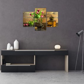 Tablou - lalele, râșniță și cafea (90x60 cm)