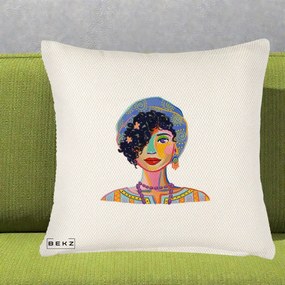 Perna Decorativa Portret Femeie Etnic Colorat, 40x40 cm, Crem Reliefat, Husa Detasabila, Perna Inclusa, BEKZ®