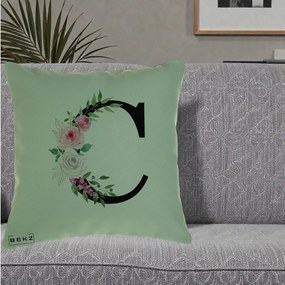 Cadou Personalizat - Perna Personalizata Monograma Florala Litera C, 40x40 cm, Verde, Husa Detasabila, Perna Inclusa, BEKZ®