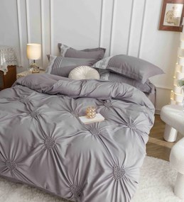 Lenjerie pat dublu, Inimi Brodate, 6 Piese, Finet Premium - Gri