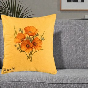 Perna Decorativa Maci Portocalii cu Floricele Albastre, 40x40 cm, Galben, Husa Detasabila, Perna Inclusa, BEKZ®