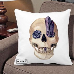Perna Decorativa Craniu cu Cristale de Ametist, 40x40 cm, Alba Mata, Husa Detasabila, Perna Inclusa, BEKZ®