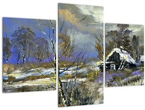 Tablou -Cabane într-un peisaj de iarnă, pictură în ulei (90x60 cm)