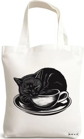 Sacosa de Panza pentru Cumparaturi, Geanta Tote, model Caffeine Cat 24 38 x 34.5 cm, Alba, BEKZ®