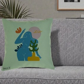 Perna Decorativa Femeie Albastra Cactus, 40x40 cm, Verde, Husa Detasabila, Perna Inclusa, BEKZ®