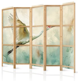 Paravan japonez - Crane in flight - bird painted in watercolour technique on a greenish texture background