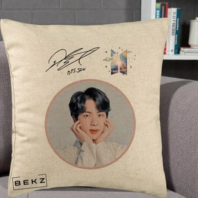 Perna Personalizata K-pop BTS Jin Portret cu Autograf, 40x40 cm, Bej, Husa Detasabila, Perna Inclusa, BEKZ®