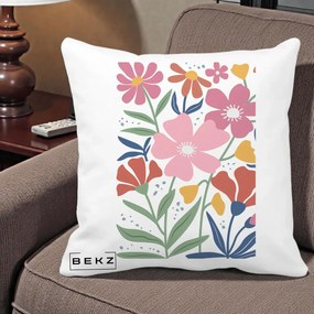 Perna Decorativa Flori Grafice Roz si Terracotta, 40x40 cm, Alba Mata, Husa Detasabila, Perna Inclusa, BEKZ®