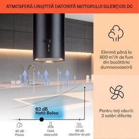Klarstein Bolea, hota tip insulă, Ø38cm, mod de recirculare/extracție a aerului, 651m³/h, LED, inclusiv filtre de cărbune activ