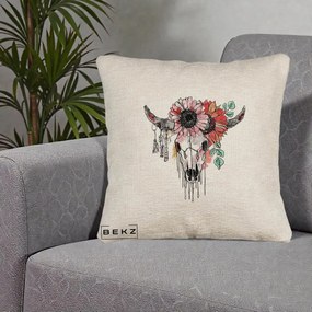 Perna Decorativa Craniu Boho Floral, 40x40 cm, Bej Canapea, Husa Detasabila, Perna Inclusa, BEKZ®