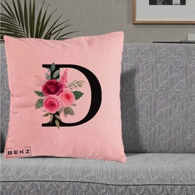 Cadou Personalizat - Perna Personalizata Monograma Florala Litera D, 40x40 cm, Roz, Husa Detasabila, Perna Inclusa, BEKZ®