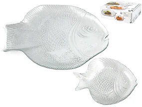 Set platou si 6 farfurii, forma peste, Pasabahce, sticla