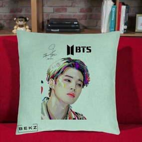 Perna Personalizata K-pop BTS Jimin Portret Artistic Multicolor cu Autograf, 40x40 cm, Verde Menta, Husa Detasabila, Perna Inclusa, BEKZ®