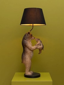 Lampă de masă din bumbac negru, cu structură din rășină maro în formă de urs cu pui, finisaj patinat, 60×36 cm, „Grizzly"