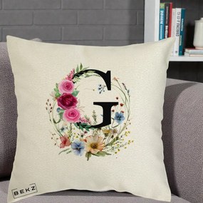 Cadou Personalizat - Perna Personalizata Monogram Litera G cu Flori Acuarela, 40x40 cm, Ecru, Husa Detasabila, Perna Inclusa, BEKZ®
