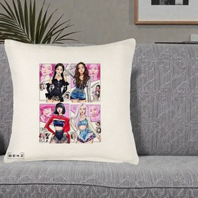 Perna Personalizata K-pop BLACKPINK Fanart Manga Benzi Desenate 4 Membre, 40x40 cm, Crem Reliefat, Husa Detasabila, Perna Inclusa, BEKZ®