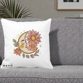 Perna Personalizata Luna Boho Chip Floral, 40x40 cm, Alba Mata, Husa Detasabila, Perna Inclusa, BEKZ®