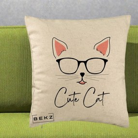 Perna Personalizata Cute Cat cu Ochelari, 40x40 cm, Bej, Husa Detasabila, Perna Inclusa, BEKZ®