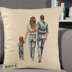 Cadou pentru Familie - Perna Personalizata Familie Acuarela Jeans, 40x40 cm, Bej, Husa Detasabila, Perna Inclusa, BEKZ®