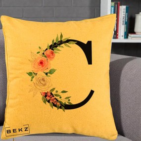 Cadou Personalizat - Perna Personalizata Monograma Florala Litera C, 40x40 cm, Galben, Husa Detasabila, Perna Inclusa, BEKZ®
