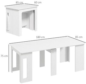 HOMCOM Masă de dining, masă pliantă, masă de bucătărie extensibilă, masă de sufragerie, PAL, 60-180 x 85 x 75 cm, Alb | Aosom Romania