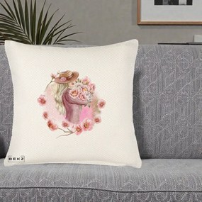 Perna Decorativa Femeie cu Flori Roz Acuarela, 40x40 cm, Crem Reliefat, Husa Detasabila, Perna Inclusa, BEKZ®