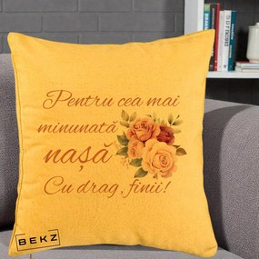 Cadou pentru Nasa - Perna Personalizata Pentru Cea mai Minunata Nasa Cu drag Finii, 40x40 cm, Galben, Husa Detasabila, Perna Inclusa, BEKZ®