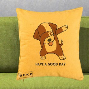 Perna Decorativa Caine Dab Have A Good Day, 40x40 cm, Galben, Husa Detasabila, Perna Inclusa, BEKZ®