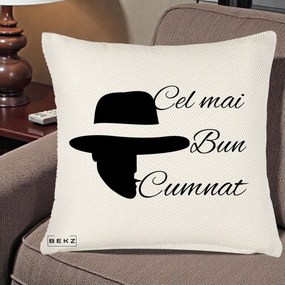 Cadou pentru Cumnat - Perna Personalizata Cel mai Bun Cumnat cu Silueta Palarie, 40x40 cm, Crem Reliefat, Husa Detasabila, Perna Inclusa, BEKZ®