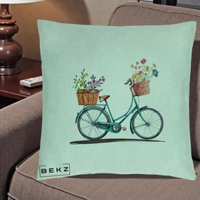 Perna Decorativa Bicicleta Florala Turcoaz Acuarela, 40x40 cm, Verde Menta, Husa Detasabila, Perna Inclusa, BEKZ®