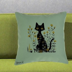 Perna Decorativa Pisica Neagra Ochi Galbeni Flori Galbene, 40x40 cm, Verde, Husa Detasabila, Perna Inclusa, BEKZ®
