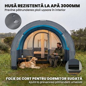 Outsunny Cort de Camping Impermeabil, Cort cu 5 Locuri, Zonă Separată de Dormit și Living, 480x260x200 cm, Gri și Albastru | Aosom Romania