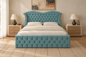 Pat tapițat Chesterfield Avella 140×200 cm, verde marin, cu ladă de depozitare