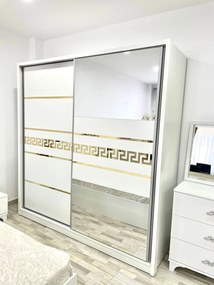 Dormitor Palermo, culoare alb, cu pat tapitat 160 x 200 cm, dulap cu 2 usi, comoda cu oglinda, 2 noptiere