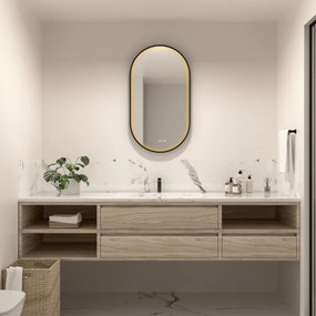 Oglinda cu iluminare si dezaburire Fluminia Canaria cu afisare ora 50x100 cm finisaj negru mat