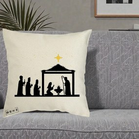 Perna Decorativa Nasterea Pruncului Silueta Neagra si Stea Aurie, 40x40 cm, Ecru, Husa Detasabila, Perna Inclusa, BEKZ®