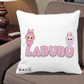 Perna Personalizata Labubu Duo Roz-Lila cu Text, 40x40 cm, Alba Mata, Husa Detasabila, Perna Inclusa, BEKZ®