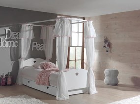 Set Pat cu Baldachin AMORI pentru Copii, 90x200 cm, Alb, cu Sertar și Set Textil Roz – Vipack