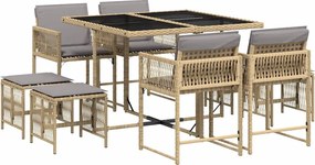 vidaXL Set de masă pentru grădină, 9 piese, cu perne, bej, poliratan