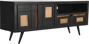Comodă TV living din lemn de mango, negru, cu 2 uși, 2 sertare, nișă deschisă și inserții din ratan împletit, 60 x 145,5 x 40,5 cm, „Cheverny”