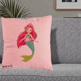 Perna Decorativa Sirena Roz cu Coroana, 40x40 cm, Roz, Husa Detasabila, Perna Inclusa, BEKZ®