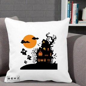 Perna Decorativa Halloween Casa Bantuita cu Fantome, 40x40 cm, Alba Mata, Husa Detasabila, Perna Inclusa, BEKZ®