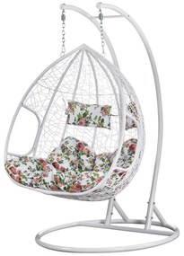 Fotoliu leagan dublu, suspendat, cu perne moi, rezistente la UV, împletitură tip răchită, structură metalică, pentru interior și exterior, Alb/Floral